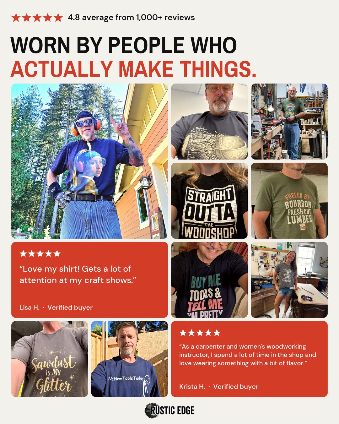 Rustic Edge customers wearing their shirts in their workshops and on job sites. Rated 4.8 from 1,000+ reviews.